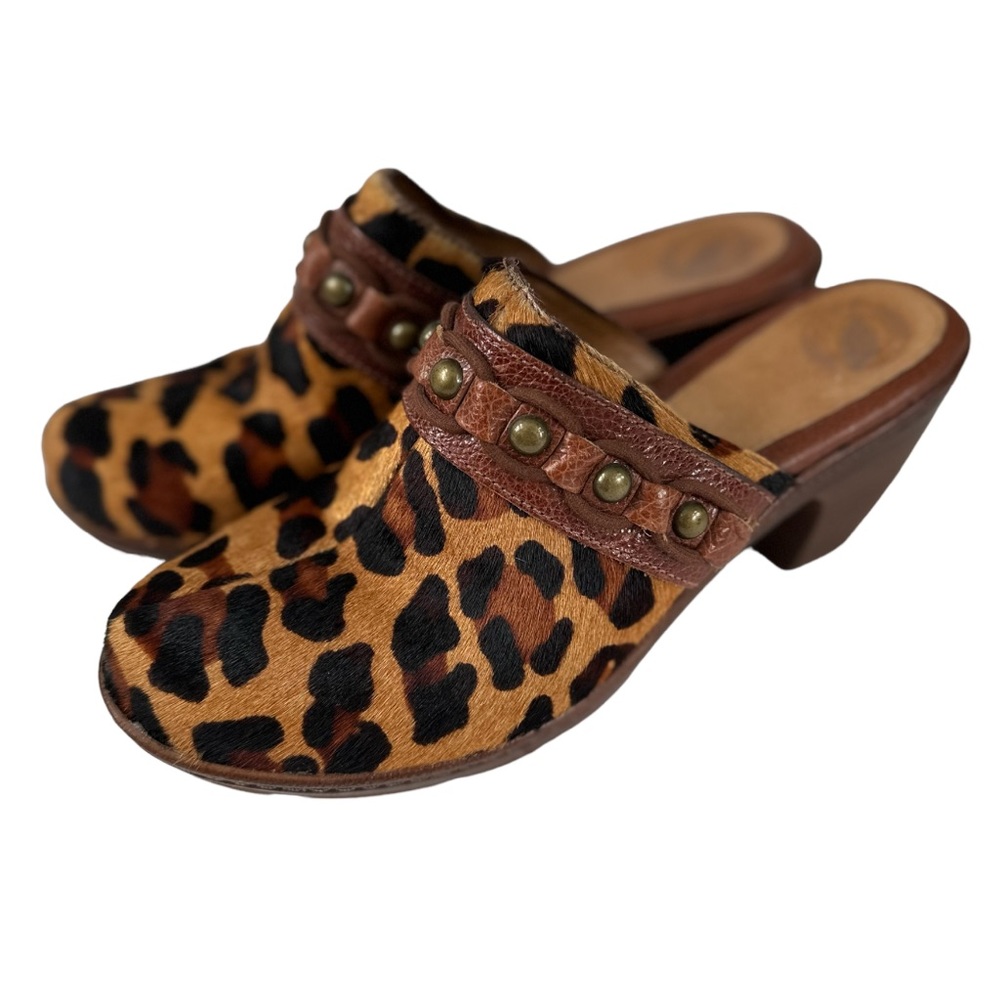 Nurture Dory Leopard Calf Hair Leather Trim Studded 9.5M Mule Clogs